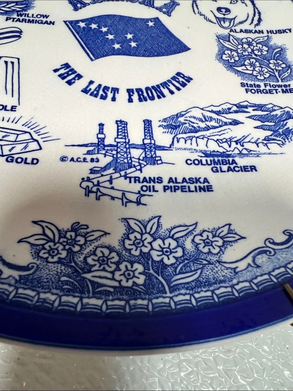 Vintage Alaska Travel Souvenir Plate Blue Transferware Japan